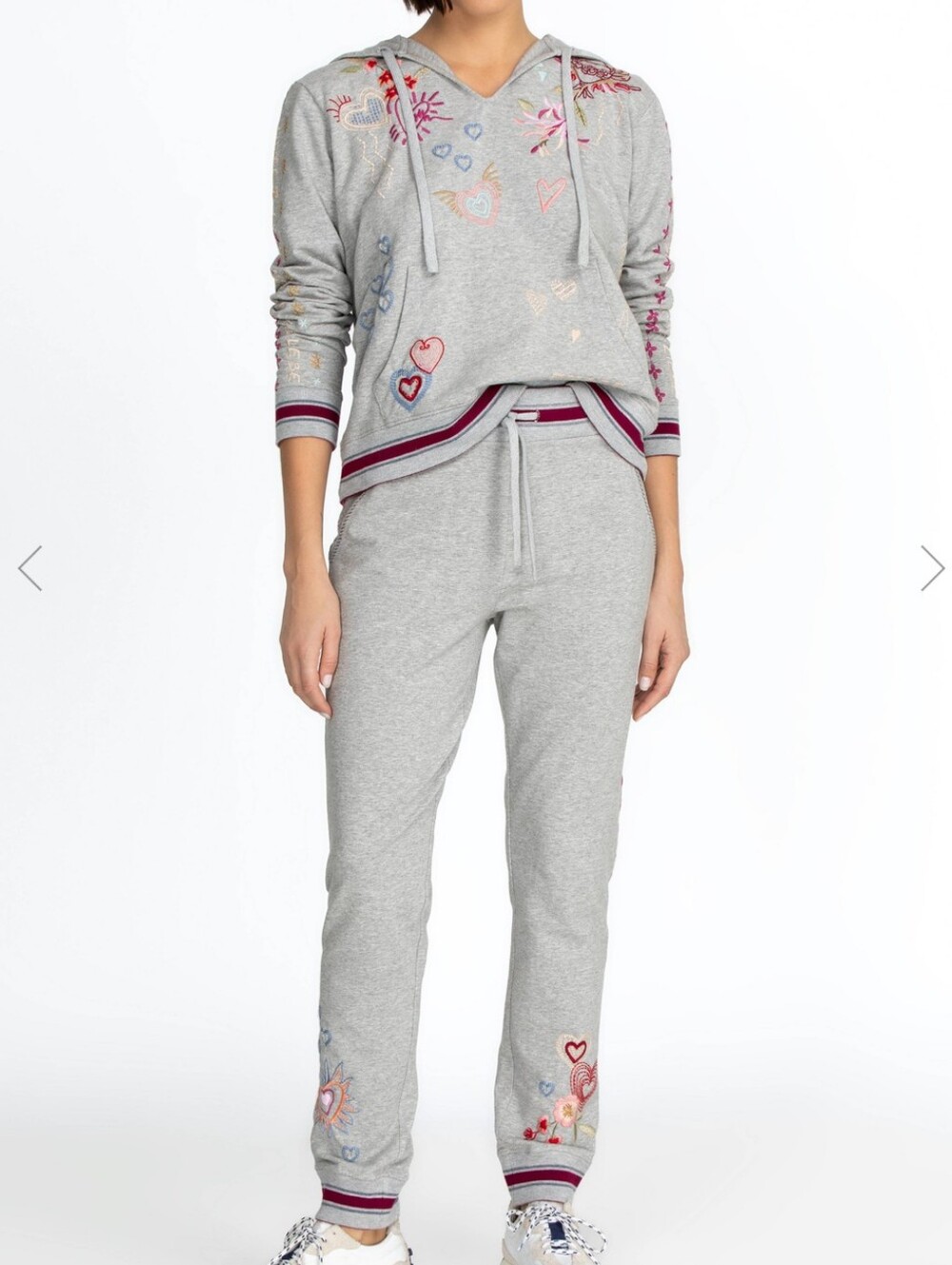 Johnny Was Joie Embroidered Hoodie & Jogger Set w/ Multi-Color Hearts Size XS